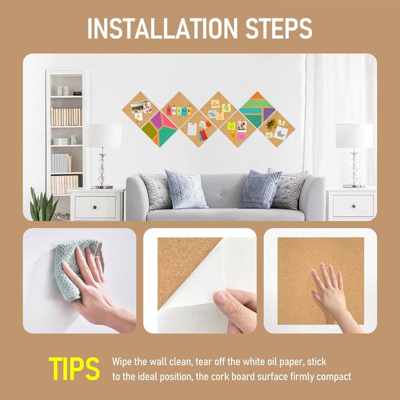 Facilife Cork Board Tiles - 8 Packs Adhesive Corkboards for Wall,Small Cork Board Decorations, CorkBoard Squares, Cork Sheet Decorative CorkBoard for Office, School & Home - Image 5